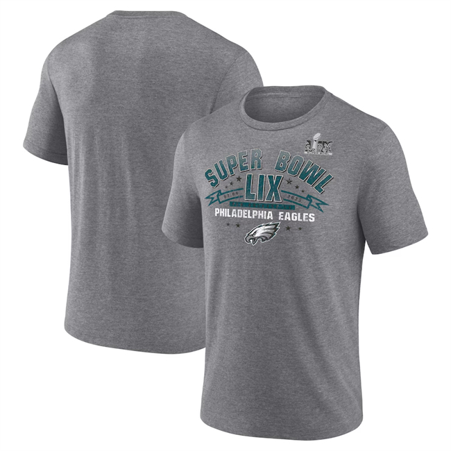 Men's Gray Philadelphia Eagles Heather Super Bowl LIX Champions Prestigious Run Tri-Blend Scoop T-Shirt